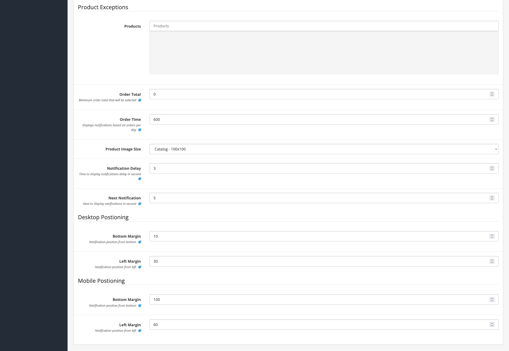 sales notification setting page exception and positioning on frontend opencart